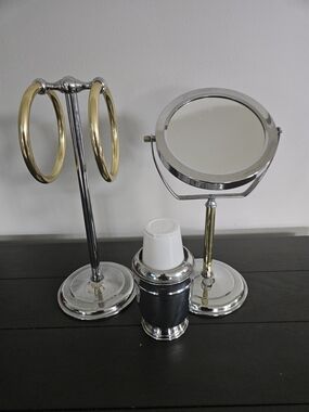 Chrome and Gold Double-Tone Vanity Set with Round Mirror
